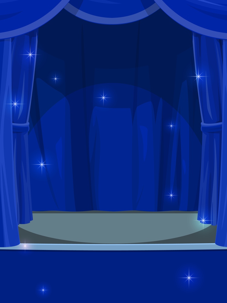 Blue curtains on stage. Circus or theater empty stage with opened drapery, cartoon vector background or backdrop with concert hall, stand up club, music performance empty stage with shiny magic sparks. Blue curtains on circus or theater stage backdrop
