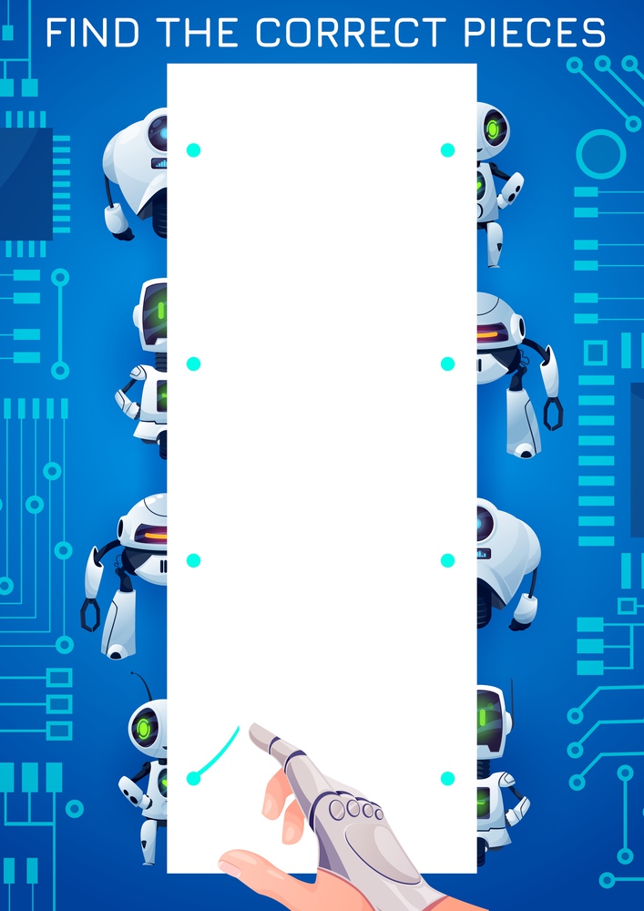 Find the piece of robot kids maze game. Match the halves vector test with cartoon cyborgs, androids, ai bots and human hand with bionic prosthesis. Riddle for children logic activity, educational task. Find the piece of robot kids maze game vector test