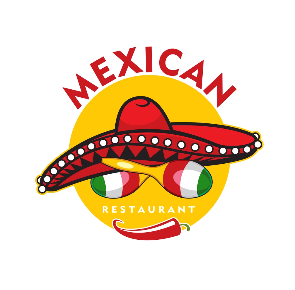 Mexican restaurant icon, vector jalapeno chili pepper, maracas and sombrero hat. Cartoon design element for Latin cafe menu, emblem with traditional symbols of Mexico isolated on white background. Mexican restaurant icon, chili, maracas, sombrero