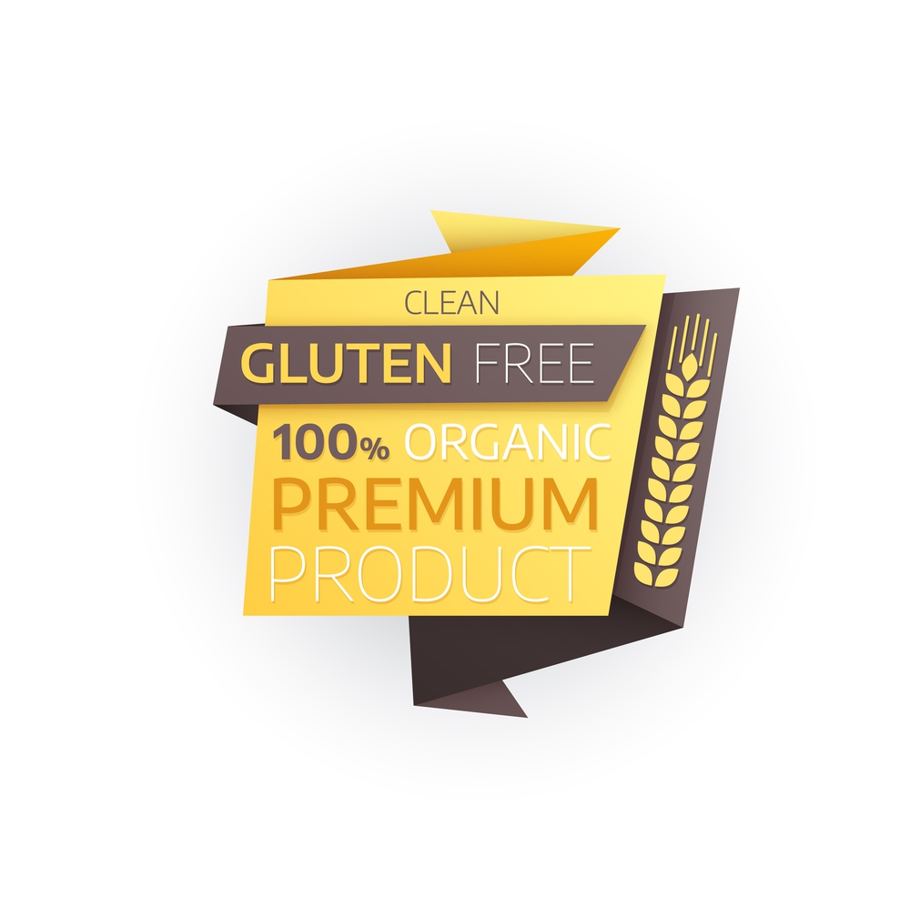 Gluten free premium product vector icon of organic food origami paper banner with wheat ear or cereal grain spikelet. Eco clean, bio and hypoallergenic product label, cereal allergy or intolerance. Gluten free premium product icon, organic food