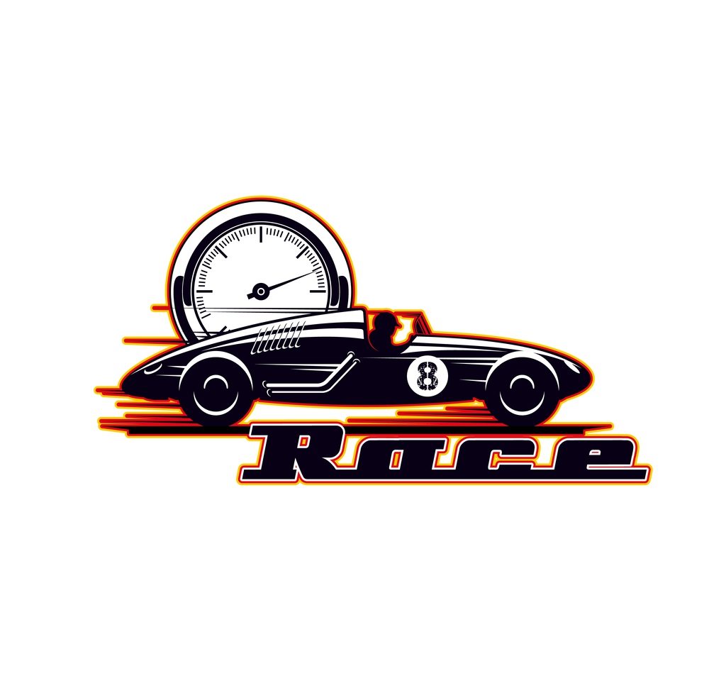 Car racing icon, vintage vehicle races and speed rides, vector symbol. Old motors and sport car rally and speed drift or drag racing championship, sport club icon. Vintage car racing, old sport motors rally races