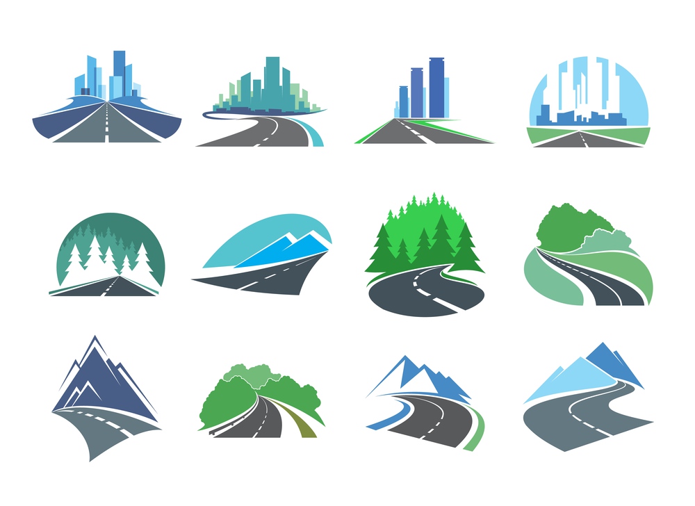 Highway road, driveway or freeway icons with city skyline, forest and mountain. Vector emblems with metropolis, countryside asphalt road, speedway and pathway with skyscrapers on horizon, spruce trees. Highway icon with skyscrapers, trees and mountains