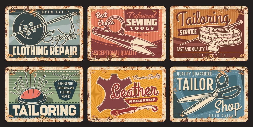 Tailor sewing shop, metal plates rusty and vintage posters, vector. Tailoring and fashion design craft atelier and seamstress salon, clothes repair, sewing scissors, needle and leather workshop. Sewing, tailor shop atelier and leather workshop