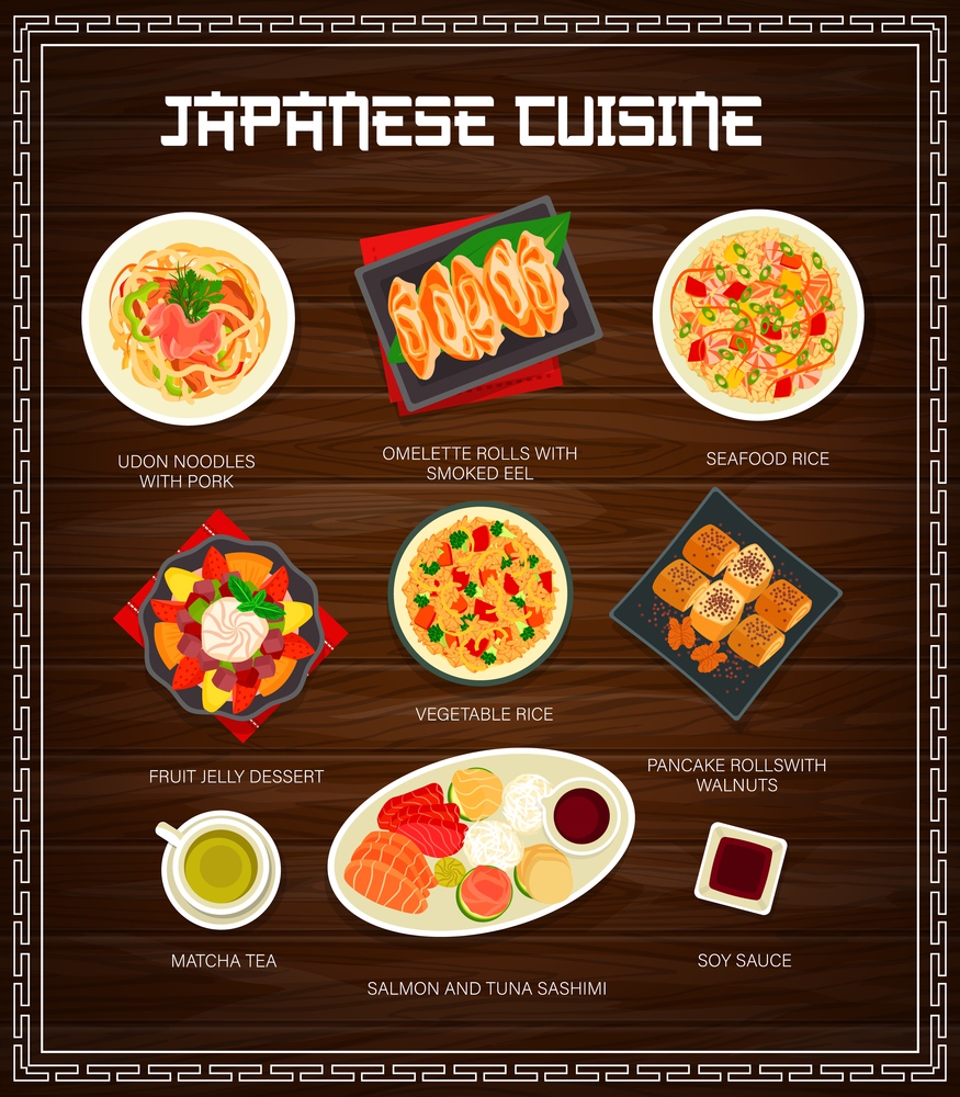 Japanese food and Asian cuisine menu dishes, vector restaurant lunch and dinner meal. Japanese cuisine traditional bowls with udon noodles, seafood rice and salmon with tuna sashimi, dessert and tea. Japanese cuisine udon noodles seafood dishes, fish