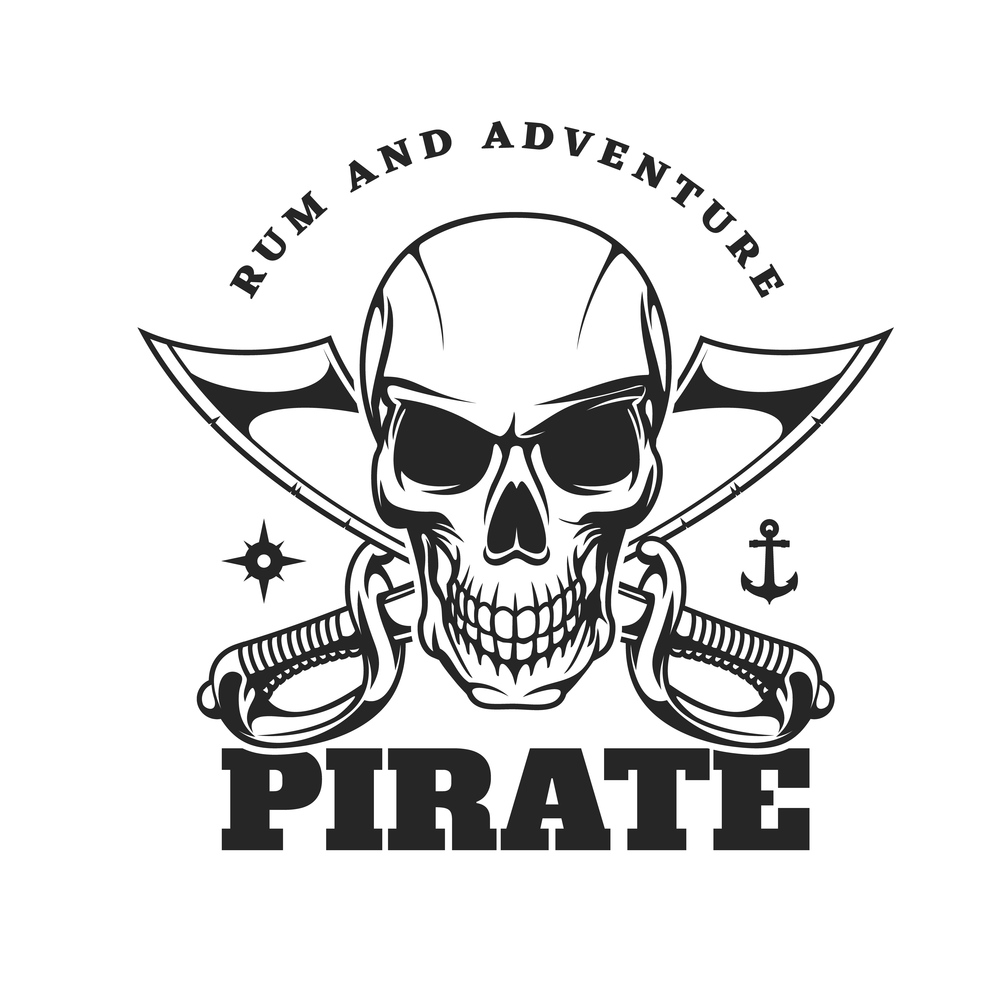 Pirate skull and crossed sabres icon. Creepy human skull with clenched scary teeth, crossed cutlass short broad sabre or slashing swords, anchor and wind rose. Filibuster or privateer vector emblem. Pirate icon with scary scull and crossed sabres
