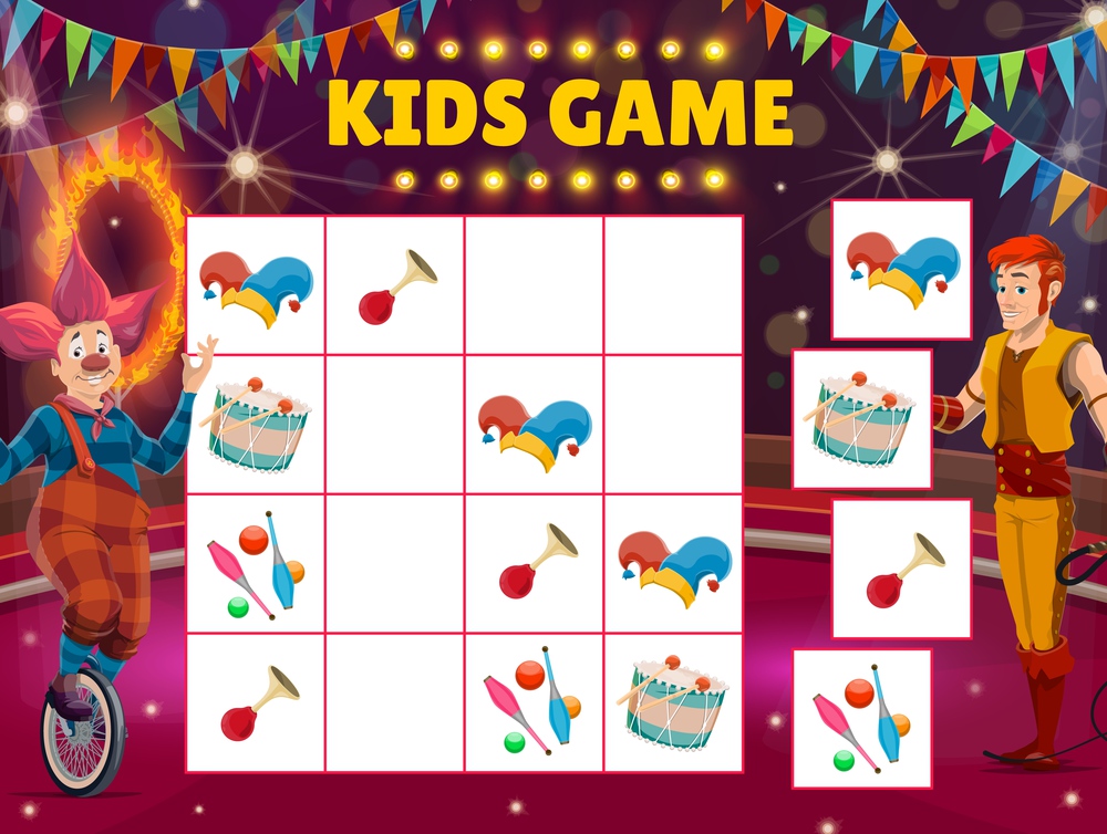Kids maze game with circus sudoku with clown and tamer. Vector riddle with cartoon shapito items beep, hat, drum and juggling pins or balls on board. Children educational task, boardgame with cards. Kids maze game, circus sudoku with clown and tamer