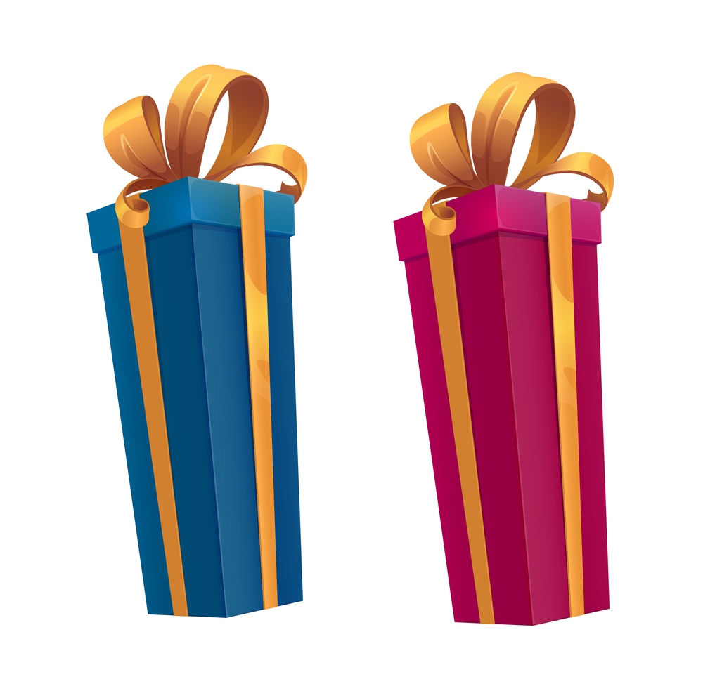 Tall holiday gift boxes, cartoon vector presents with gold ribbons and bows. Blue and pink surprise packages or festive packs of Christmas, Birthday, New Year or Valentine Day holidays celebration. Tall holiday gift boxes, cartoon presents, ribbons