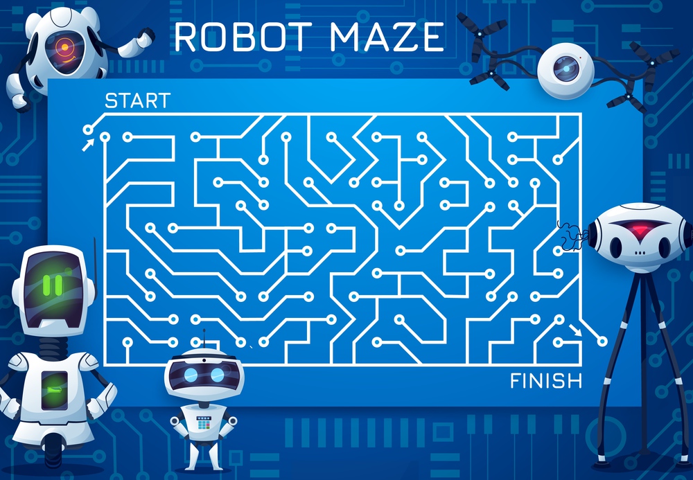 Labyrinth maze game with motherboard and robots. Cartoon kids vector boardgame, find correct way test with ai bots, cyborgs, drones and androids. Worksheet riddle with microcircuit field and droids. Labyrinth maze game with motherboard and robots