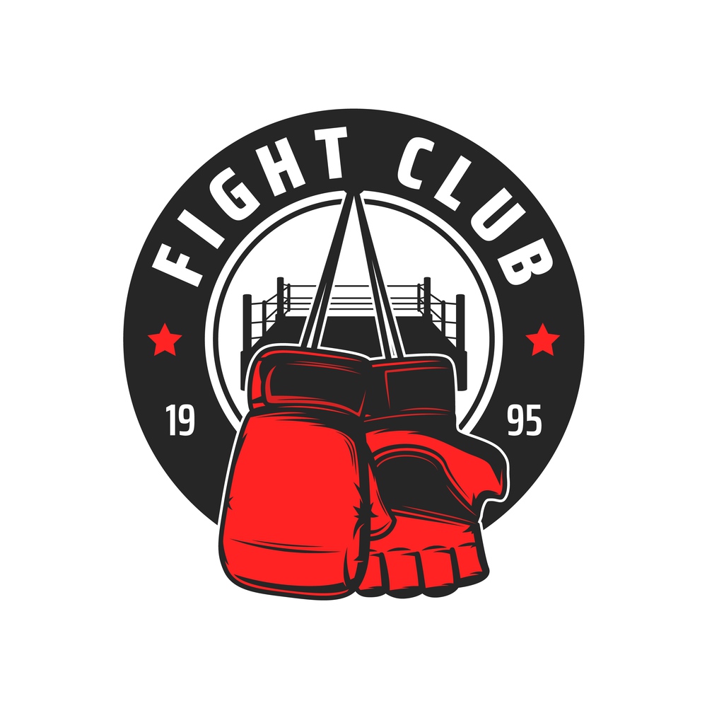 Fight club icon with vector gloves and ring of fighting or combat sport. Boxing, MMA mixed martial arts, kickboxing or wrestling fighter equipment isolated round badge or emblem design. Fight club icon, gloves and ring of fighting sport
