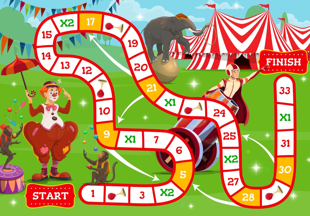 Circus boardgame, shapito circus characters near big top tent. Vector step game for kids with numbered block way. Children test with cartoon clown, apes jugglers, trained elephant and man cannonball. Circus boardgame, shapito characters near big top