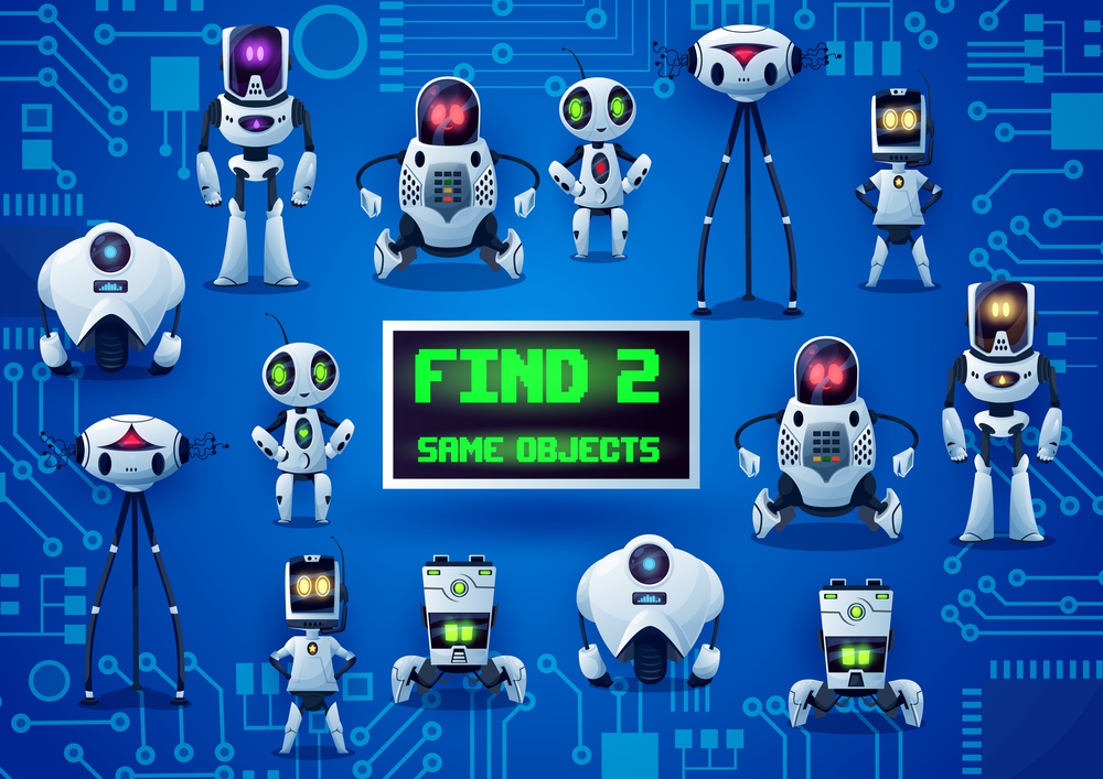 Find two same robots game, cartoon droids on motherboard. Kids vector riddle with ai cyborgs. Children logic test with androids and artificial intelligence bots on microcircuit. Education worksheet. Find two same robots game, cartoon droids riddle