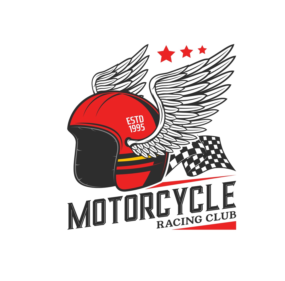 Racing helmet with wings icon. Motorcycle race, motocross or biker club, motorsport competition vintage emblem or vector icon with winged helmet, start and finish checkered flag. Motorcycle racing helmet vector vintage icon