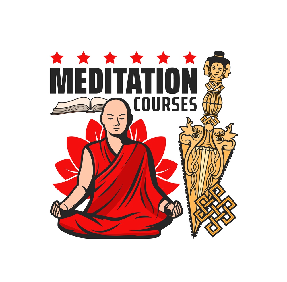 Buddhism meditation courses vector icon with isolated Buddhist religion symbols. Monk meditating in lotus position with endless or eternal knot, gold kila or phurba dagger and Sutra book. Buddhism meditation courses icon, religion symbols