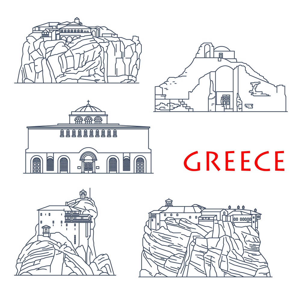 Greece architecture buildings, antique Greek churches and temples, vector travel landmarks. Greece Holy Trinity and Saint Nicholas monastery, Agia Sofia temple in Thessaloniki and Megalo Meteoro. Greece architecture, antique buildings landmarks