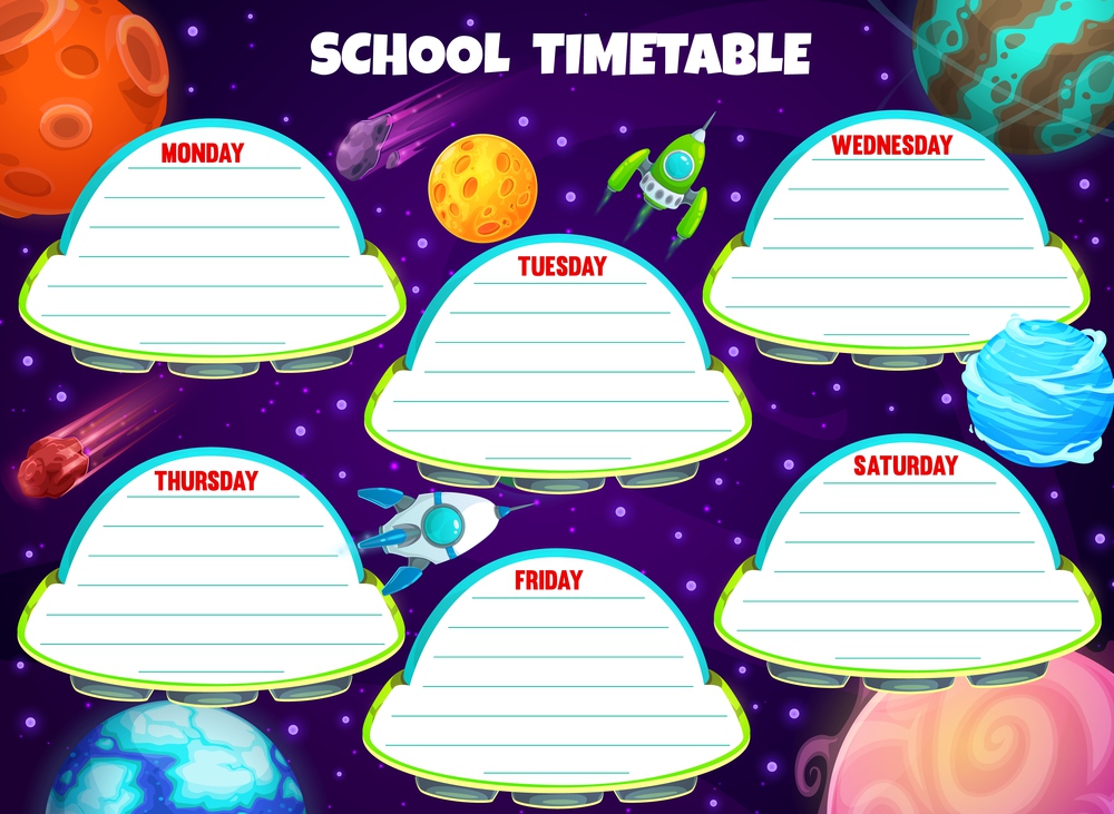 Galaxy timetable with spaceships and shuttles. Vector kids weekly planner, space time table with rockets, stars and planets. Cartoon school schedule template with cosmic objects in fantasy Universe. Galaxy timetable with spaceships and shuttles