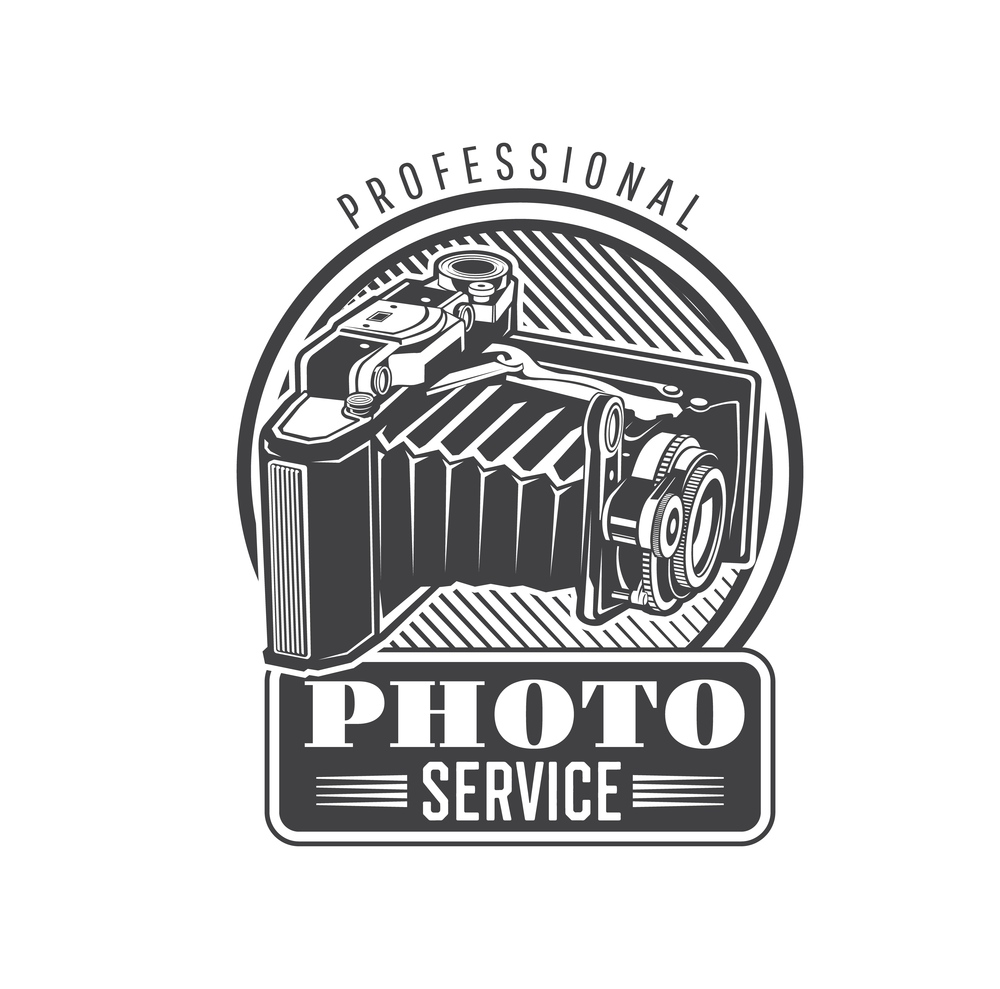 Photo service icon with vintage folding camera. Professional photography equipment, retro cameras repair and maintenance service monochrome sign or vector emblem with old medium format bellows camera. Photo service icon with vintage bellows camera