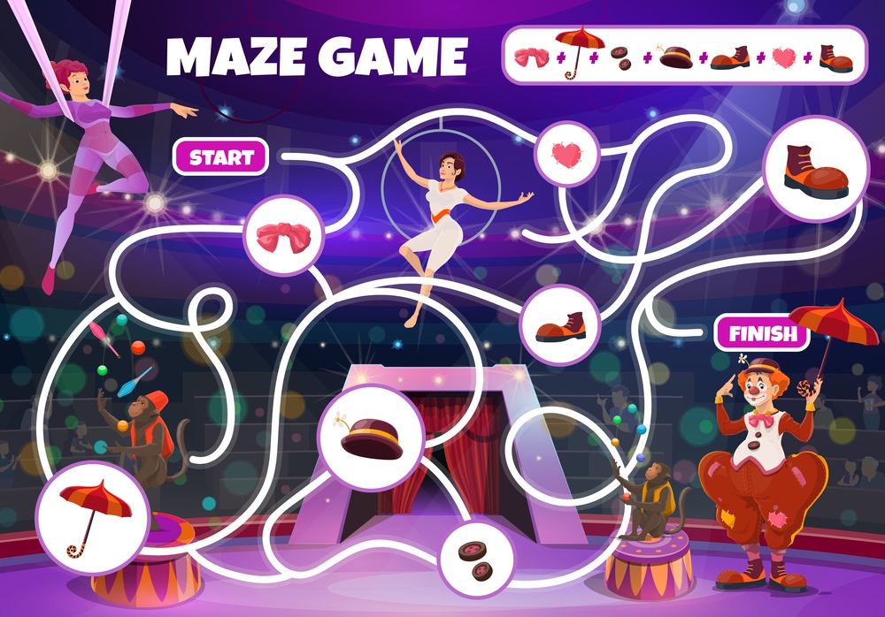 Circus maze game, vector labyrinth kids boardgame with big top artists on stage. Children test with cartoon characters clown, air gymnast, juggling apes and tangled path. Educational riddle with clue. Circus maze game, vector labyrinth kids boardgame