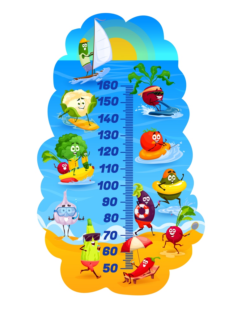 Kids height chart, vegetables on vacations, vector cartoon growth meter. Kids height chart or measure scale with vegetables on summer sea beach, funny cute tomato, broccoli and avocado on surfboard. Kids height chart vegetables on vacations, cartoon