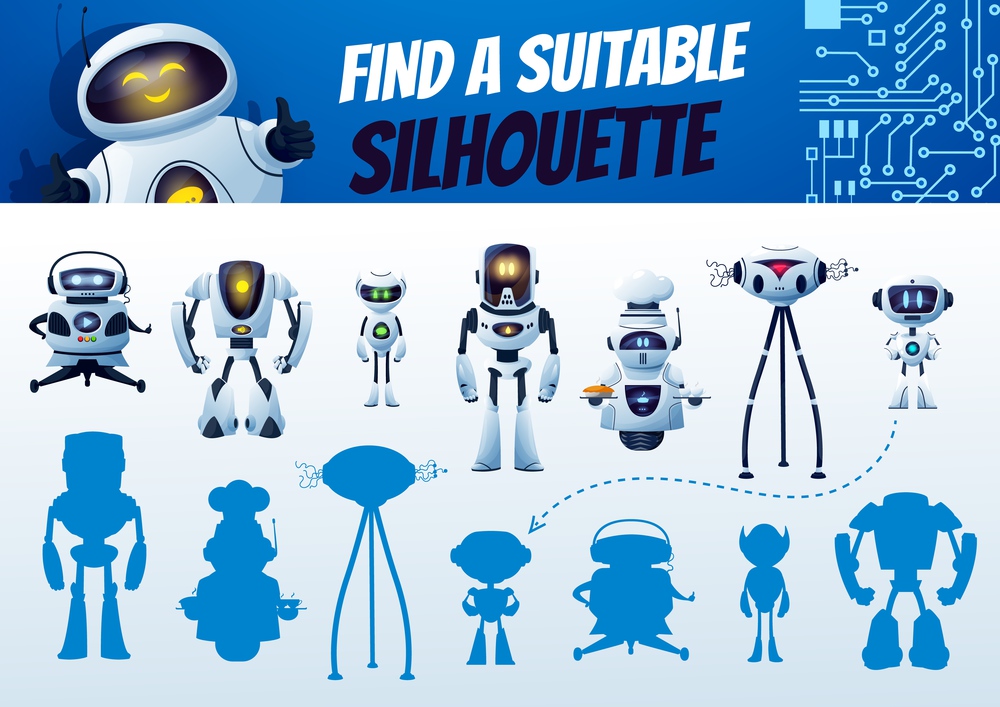 Find a robot silhouette maze game. Kids shadow match vector riddle, search correct cyborg shade. Children logic test with cartoon androids and artificial intelligence bots characters. Education task. Find a robot silhouette maze game, shadow match