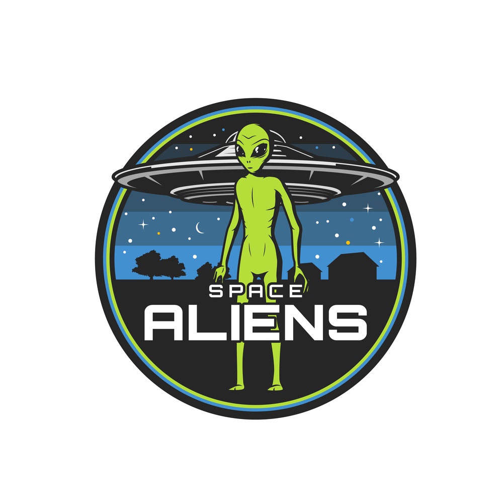 Space aliens icon with vector UFO spaceship or flying saucer, green alien monster, martian or extraterrestrial creature. Isolated round badge of ufology and astronomy themes. Space aliens with UFO spaceship vector icon