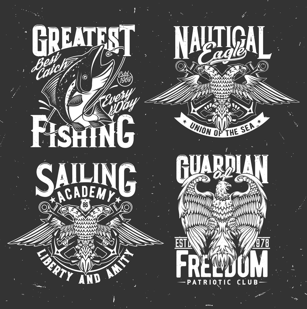 Nautical heraldry, anchor and eagle, fishing club marine emblems. Heraldic badges of fishing club with fish on hook, sea and ocean nautical union signs with two headed eagle with patriotic slogan. Nautical heraldic icons, anchor, eagle and fishing