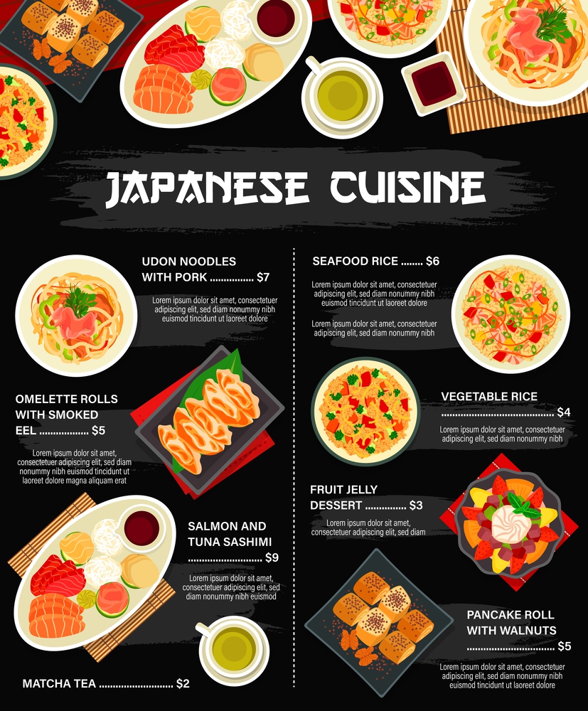 Japanese cuisine and Asian food, Japan restaurant menu with undon noodles, seafood and rice dishes, vector. Japanese cuisine bar dinner and lunch salon and tuna sashimi, seafood rice and soy sauce. Japanese food, Asian cuisine udon noodles, dishes