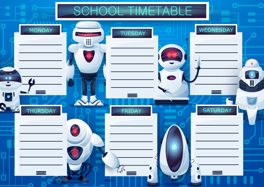 Timetable schedule with cartoon robots, vector weekly lessons planner template. Kids time table with androids, school frame design with artificial intelligence cyborgs, cute ai bots. Educational list. Timetable schedule with cartoon robots, planner