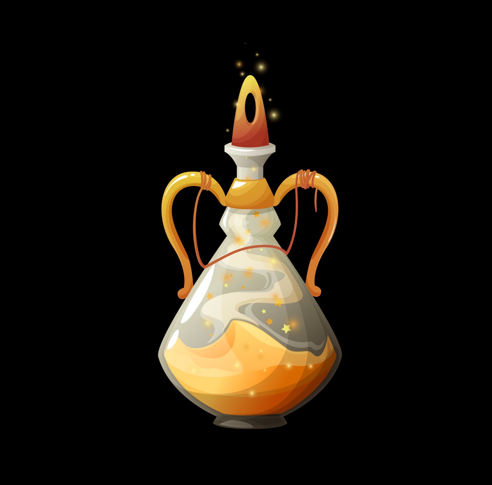 Cartoon potion bottle with golden dust, vector magic elixir in glass flask with sparkling stars and glowing bung. Wizard fairy spell in jar, gui design element, isolated witch poison, alchemy object. Cartoon potion bottle with golden dust, spell