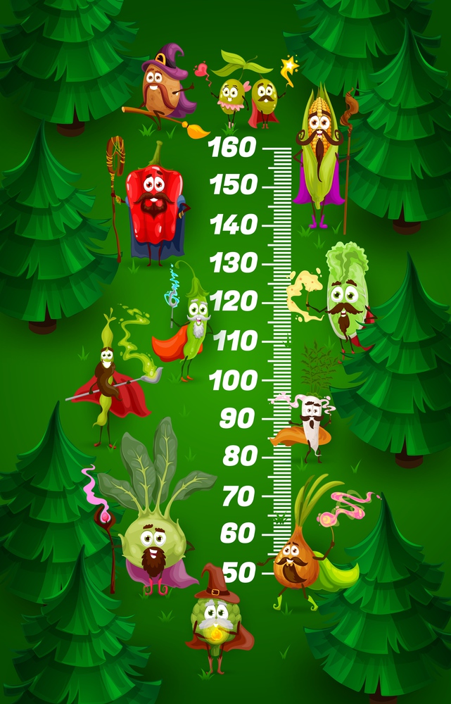 Kids height chart with cartoon wizard vegetables, vector growth meter. Kids height chart or measure scale with pepper and tomato vegetable wizards, onion and corn magicians, olives with magic wands. Kids height chart with cartoon wizard vegetables