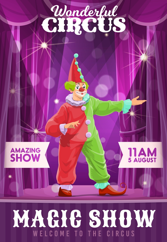 Shapito circus poster, clown at funfair carnival show, vector cartoon harlequin. Circus carnival and funfair performance of funny clown and magic show entertainment with joker on stage. Shapito circus poster, clown at funfair carnival