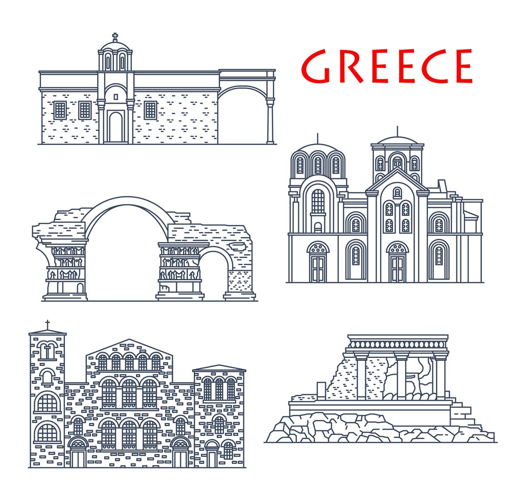 Greece architecture, antique Greek buildings, vector travel landmarks. Panagia Chalkeon and St Demetrius church in Thessaloniki, Vlatades monastery, Knossos palace in Crete and Emperor Galerius Arch. Greece architecture landmarks, Thessaloniki, Crete