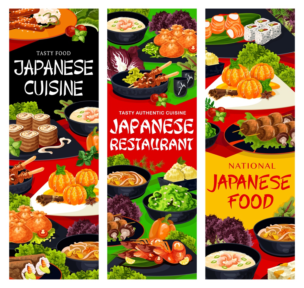Japanese food restaurant dishes banners. Sweets with tangerines, noodle and shrimp soup, shish kebab, mandarin in syrup and crispy sacks, temaki, philadelphia and walnut roll, seaweed salad vector. Japanese cuisine restaurant meals vector banners