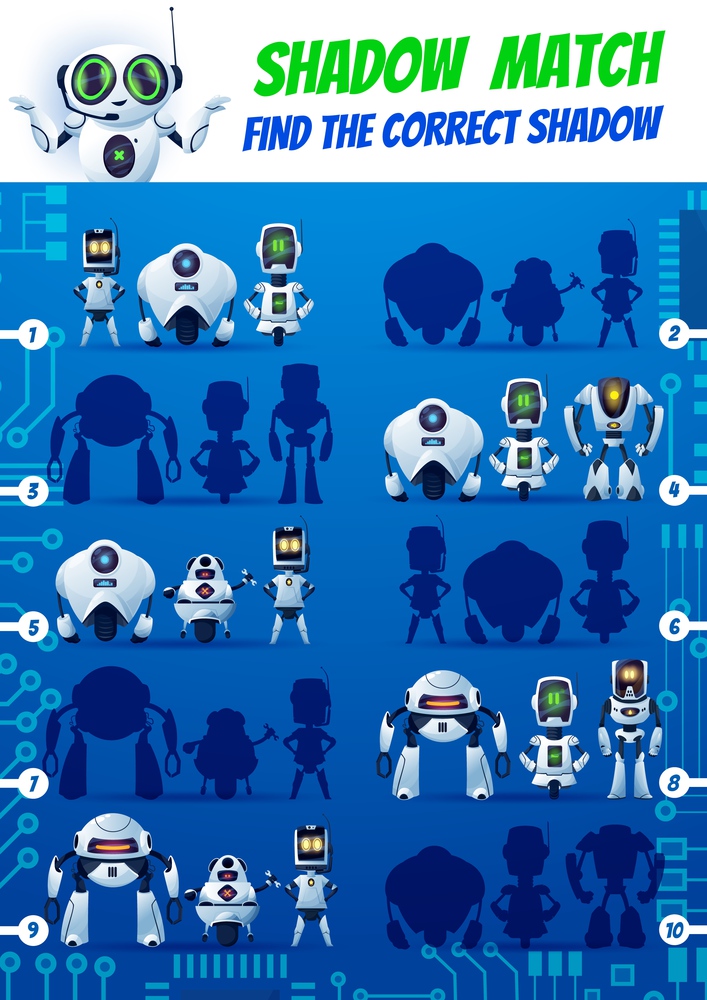 Shadow match kids game, funny robots on motherboard. Find correct cyborg silhouettes vector riddle. Children logic test with cartoon androids and artificial intelligence bots characters education task. Shadow match kids game funny robots on motherboard