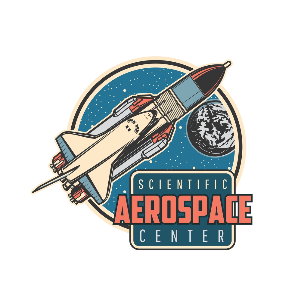 Space shuttle icon with vector carrier rocket, spaceship and Earth planet, galaxy universe stars, meteors and asteroids. Isolated retro symbol of space travel, aerospace center and cosmos adventure. Space shuttle icon, carrier rocket and spaceship