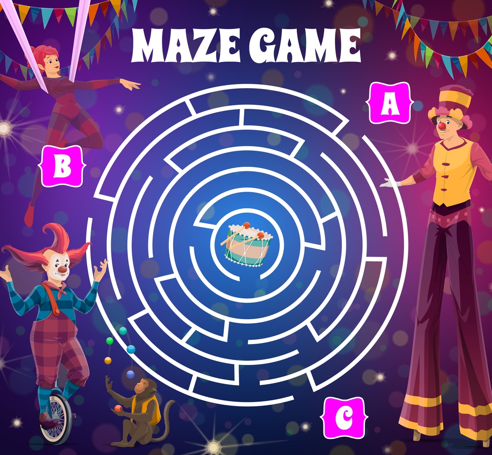 Round circus labyrinth maze game with clowns. Vector kids boardgame with big top artists and tangled path. Children test with cartoon characters stilt walker, air gymnast and funnyman, baby riddle. Round circus labyrinth maze game with clowns.
