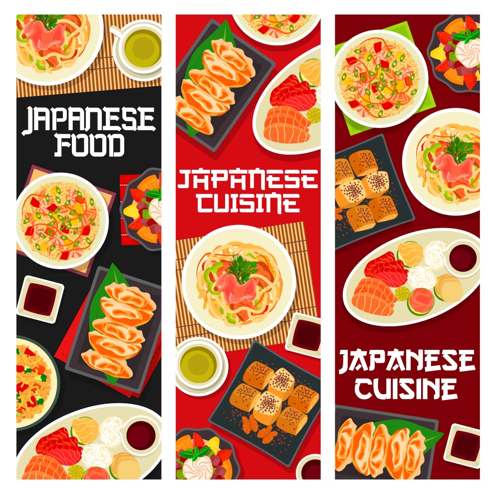 Japanese cuisine food banners, Asian dishes and meals, vector restaurant menu. Japanese traditional lunch and meal food bowls of udon noodles, seafood rice and omelette rolls with eel and matcha tea. Japanese food, Asian cuisine udon noodles, seafood