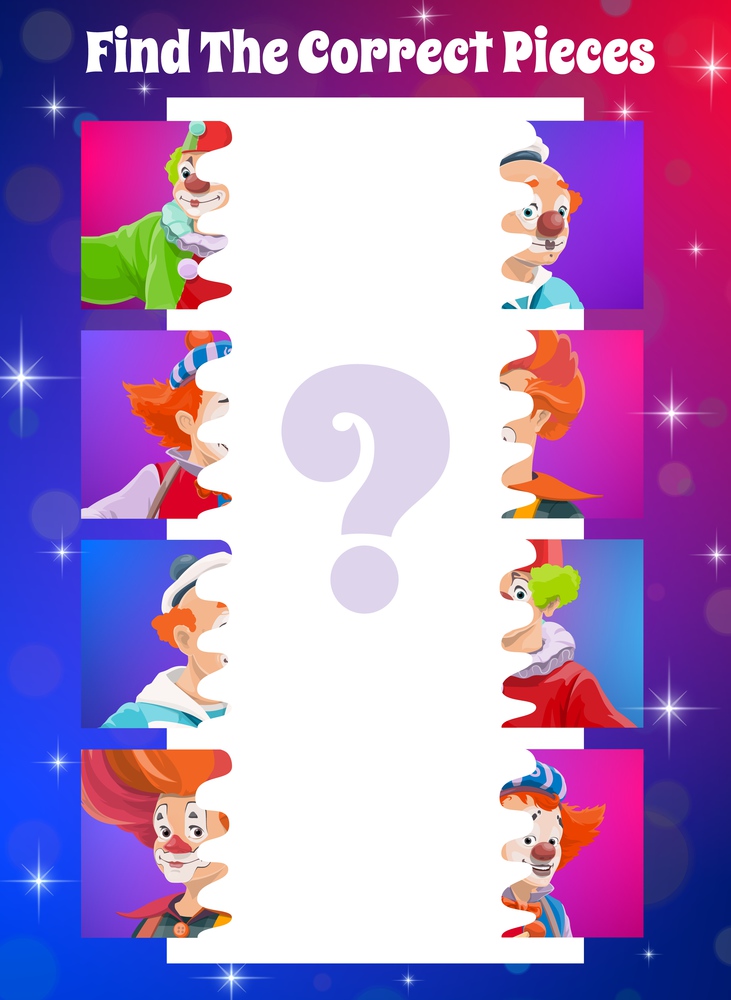 Kids game of find a correct circus clown pieces. Vector puzzle, logic riddle or maze game of children education, matching halves of cartoon pictures with chapiteau carnival show clowns. Kids game of find a correct circus clown pieces