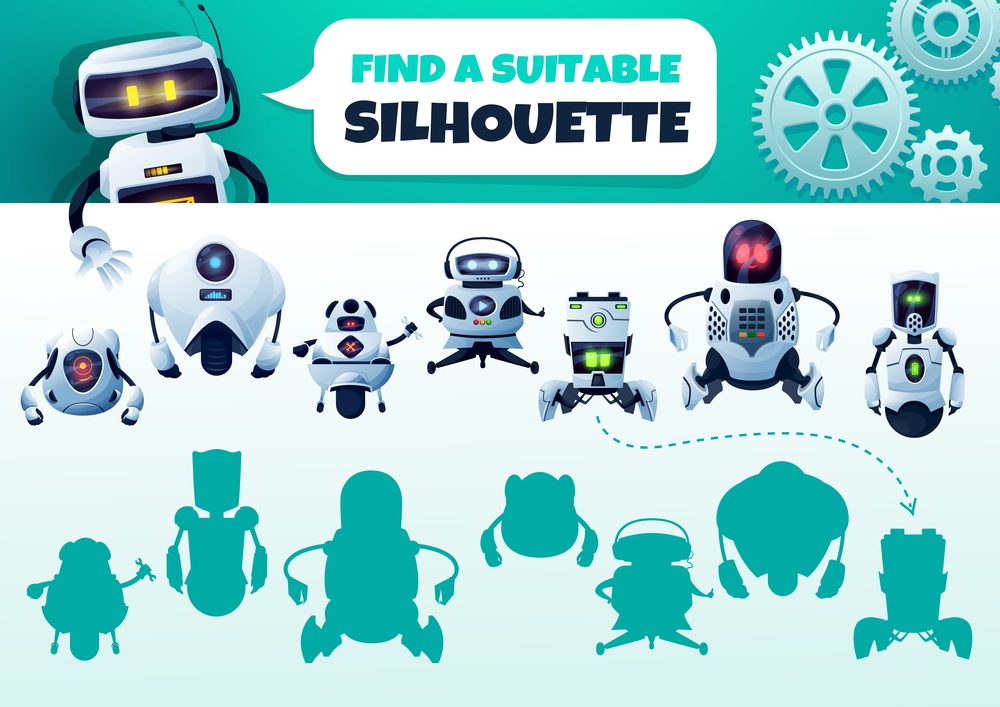 Robot maze game find a correct silhouette. Kids shadow match vector riddle with cyborgs. Children logic test with cartoon androids and artificial intelligence bots characters. Educational baby task. Robot maze game find a correct silhouette riddle