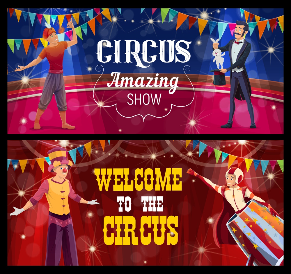 Shapito circus stage, acrobat, fire eater, stilt walker and cannon ball man perform show program on scene. Cartoon vector banners with performers on big top arena, amusement entertainment carnival. Shapito circus stage, acrobat, fire eater banners