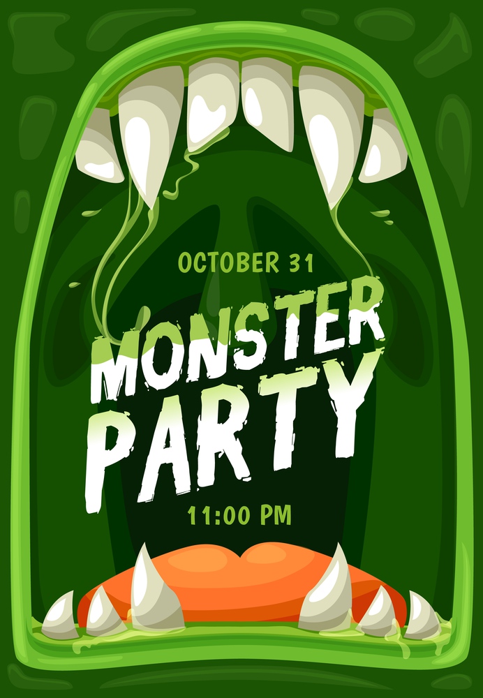 Halloween monster party vector poster with frame of horror zombie mouth, jaws with scary teeth, fangs, tongue and green slime drops. Horror night holiday trick or treat party invitation flyer design. Halloween monster party poster with zombie mouth