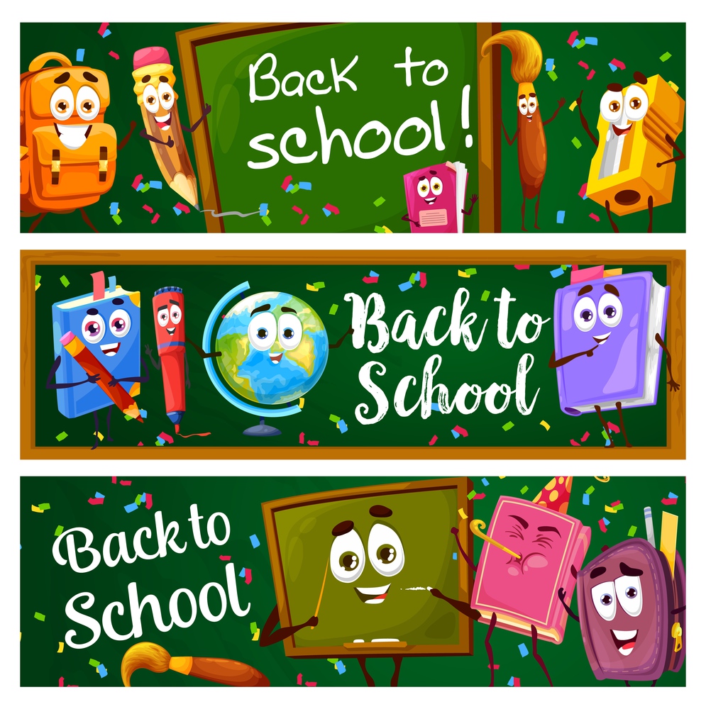 Back to school banners with cartoon education characters and blackboard background. Vector bookmarks with funny schoolbag, textbook, globe and stationery pencil, brush or sharpener on green chalkboard. Back to school banners with education characters