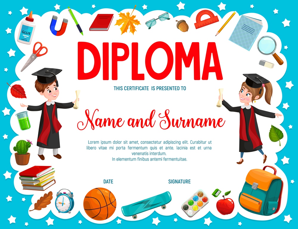 Education diploma with cartoon boy and girl pupils or students, school and sport items. Vector certificate with kids wear alumnus gown and caps holding scrolls. Graduation or award frame template. Education diploma with cartoon boy and girl pupils