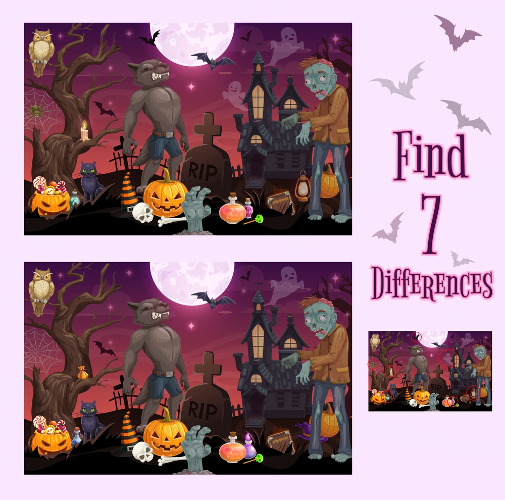 Kids game of find or spot differences vector template with cartoon Halloween monsters and pumpkins. Children education game, puzzle, quiz or riddle of finding differences between pictures with answers. Kids game of find differences, Halloween monsters