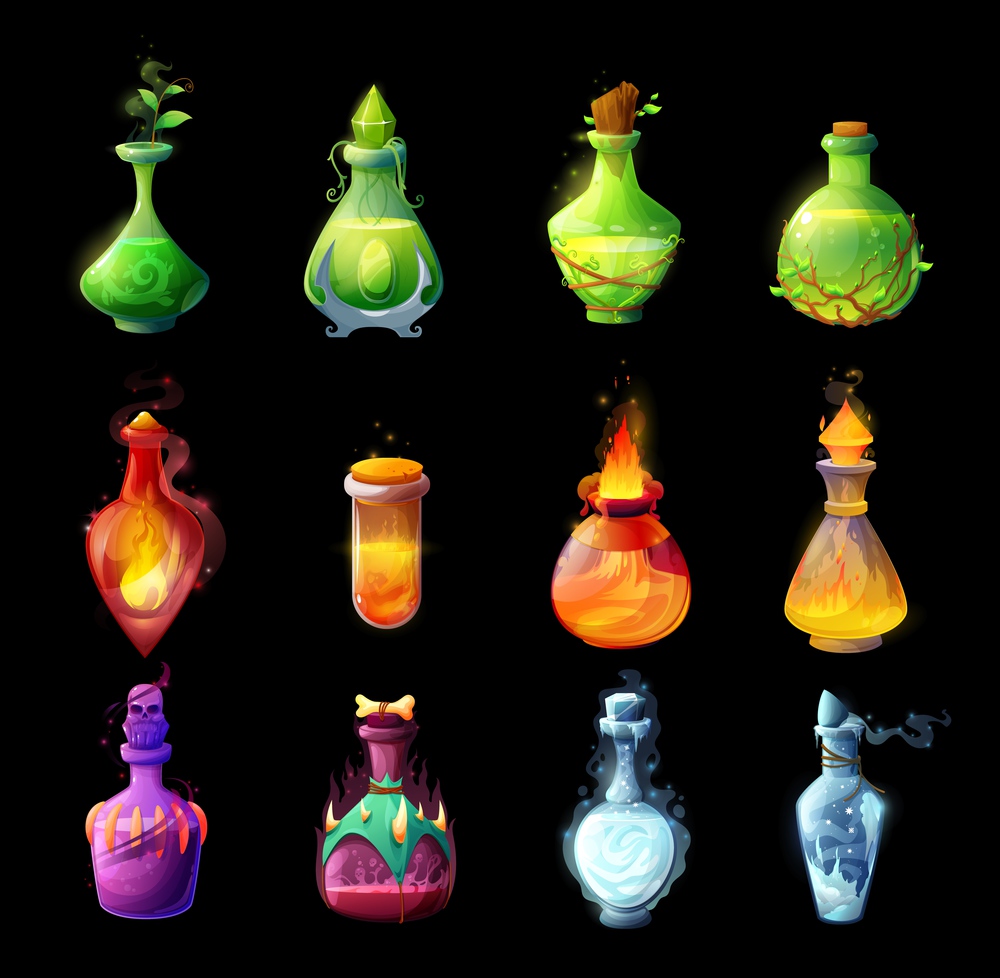 Cartoon potion bottles, magic spells and elixirs glass bubbles. Life, death or plant grow, fire and frosting potions with plant leaves, skull, flame and ice. Fantasy game vector UI, GUI interface icon. Cartoon magic potions bottles, game design icons