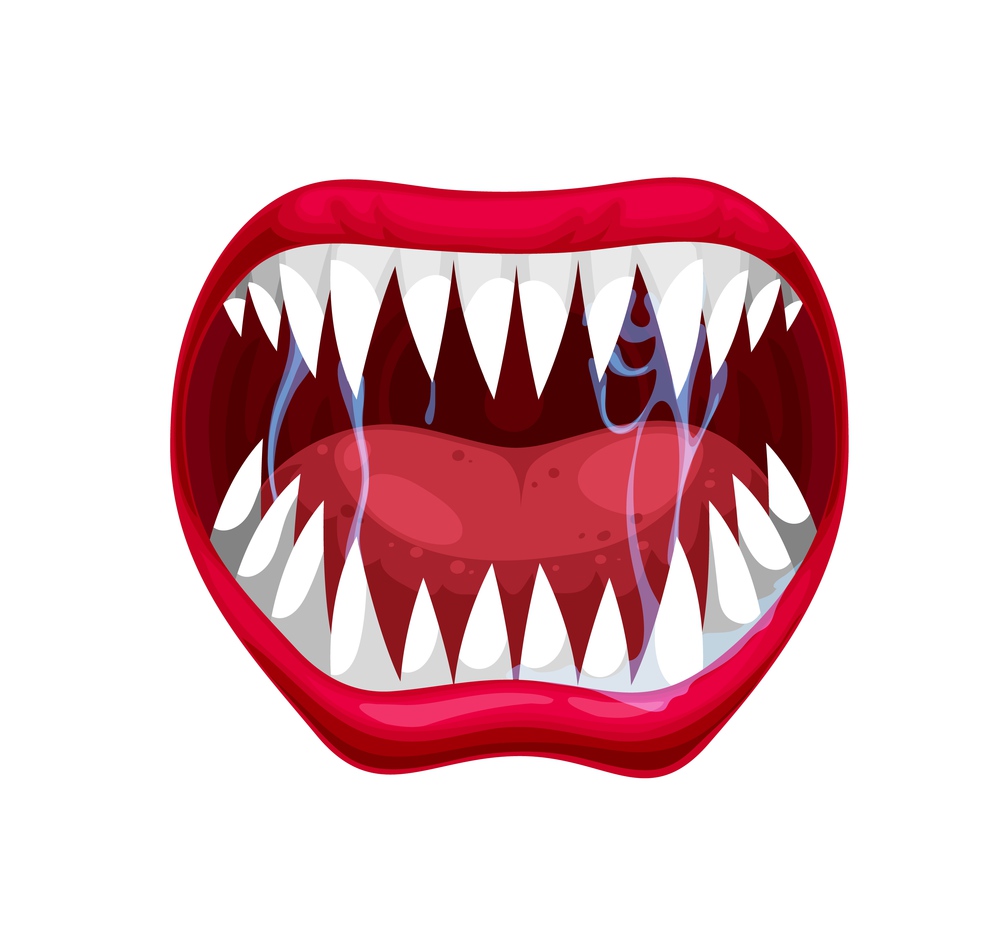 Danger monster jaws, mouth, tongue and teeth of vampire, scary beast or devil, horror demon or Dracula. Vector evil beast smile, crazy laugh or screaming lips of Halloween holiday or horror party. Danger monster jaws, mouth, tongue and teeth