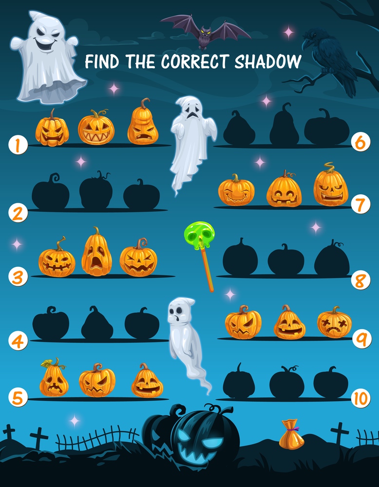 Kids find shadow riddle with Halloween pumpkin lanterns faces, ghosts cartoon characters. Child logical game, educational puzzle or quiz. Kids playing activity with Halloween monsters, candy and bat. Halloween find correct shadow kids game worksheet