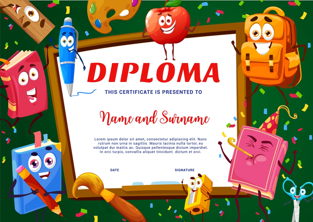 Kids diploma, cartoon school stationery characters. Education vector certificate with funny textbook, pen, apple and pencil sharpener, ruler, palette and backpack with scissors. Award frame template. Kids diploma, cartoon school stationery characters