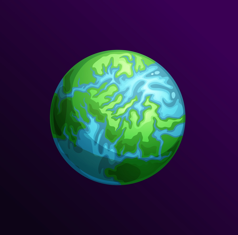 Eco planet with blue waters and green land isolated cartoon sphere. Vector inhabitable comic globe with living nature, explore universe imaginary aliens world. Save Earth concept, clean environment. Cartoon planet with continents, seas and oceans