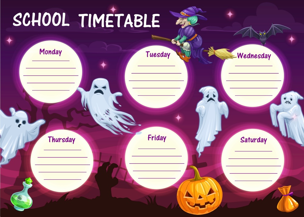 Kids school timetable with Halloween ghosts, witch and pumpkin lantern. Child school lessons schedule vector template, children education planner or classes timetable with cartoon Halloween monsters. School timetable with Halloween cartoon monsters