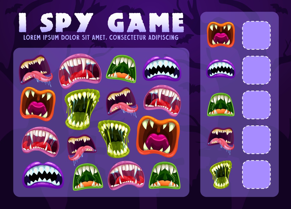 I spy educational game for kids with monster mouths, vector puzzle. Math count worksheet for kindergarten, school, preschool. Counting and numeracy skills or attention development cartoon riddle page. I spy educational game for kid with monster mouths